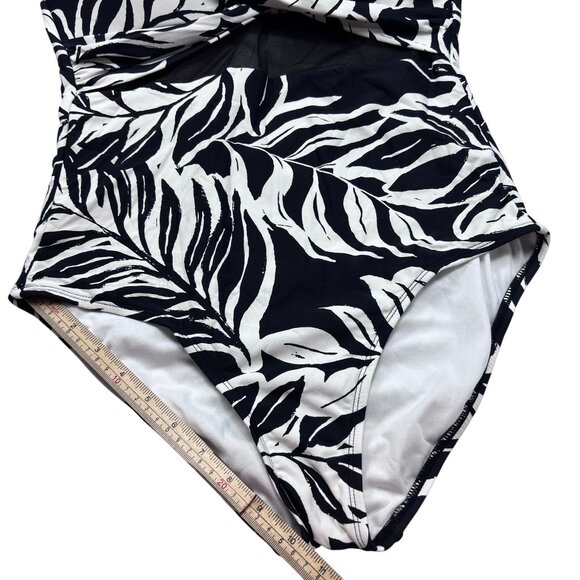 Womens One-Piece Black & White Tropical Leaf Print Swimsuit With Adjustable Stra - Picture 6 of 8